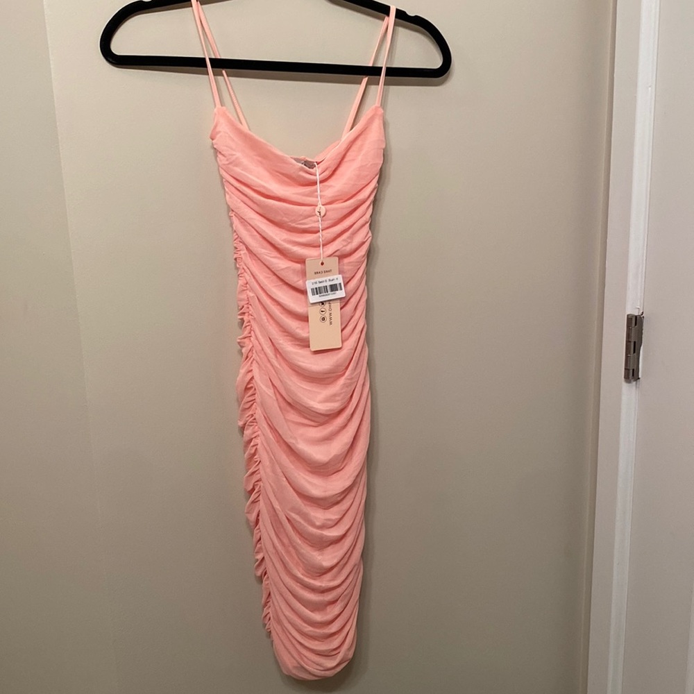 OHPOLLY First Date Ruched Mesh Bodycon Knee Length Dress in Blush